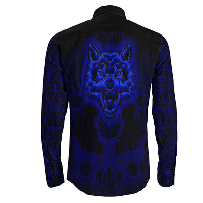 Tree And Wolf Blue viking Long Sleeve Button Shirt