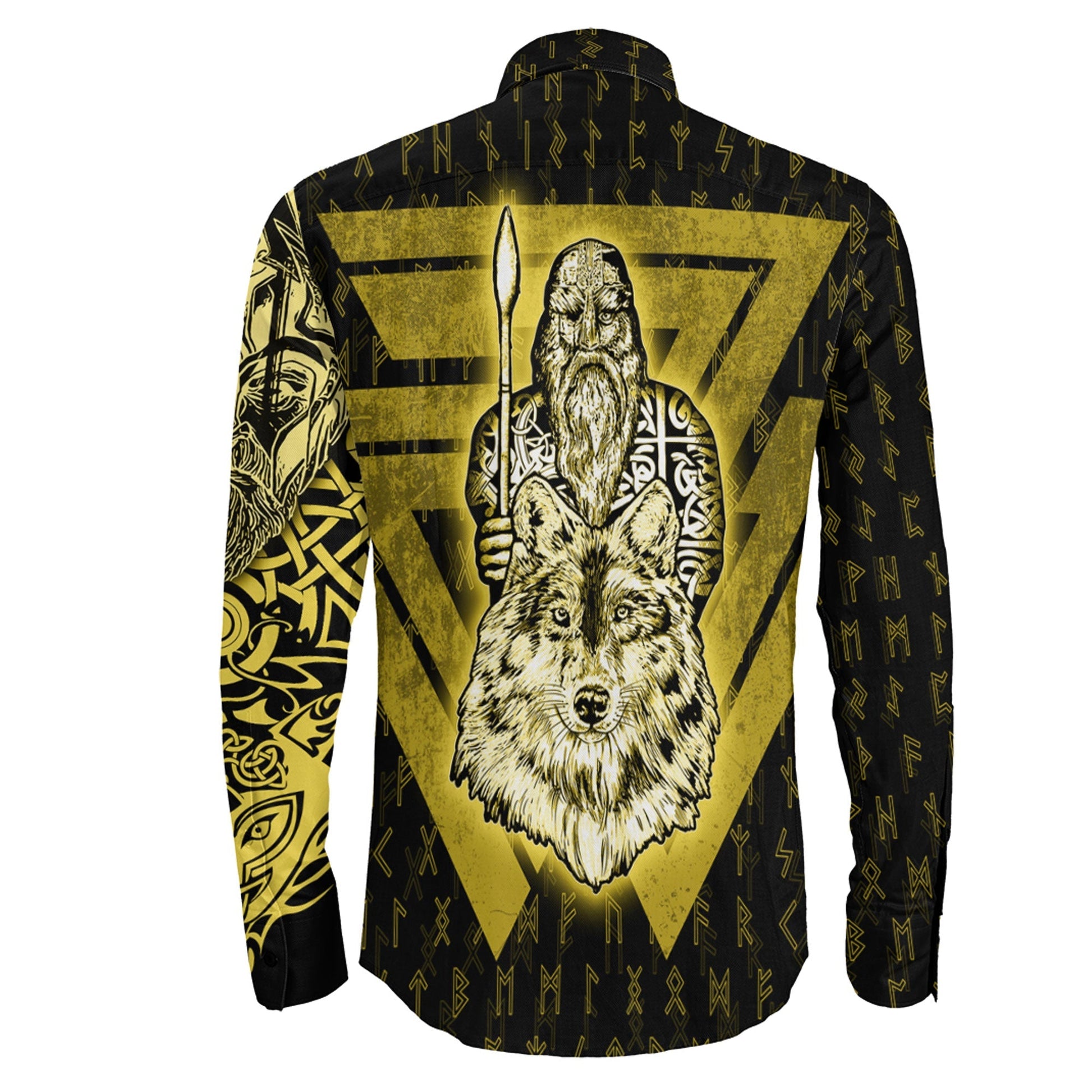 VikingStyle Clothing -Odin and Wolf Viking Gold Long Sleeve Button Shirt