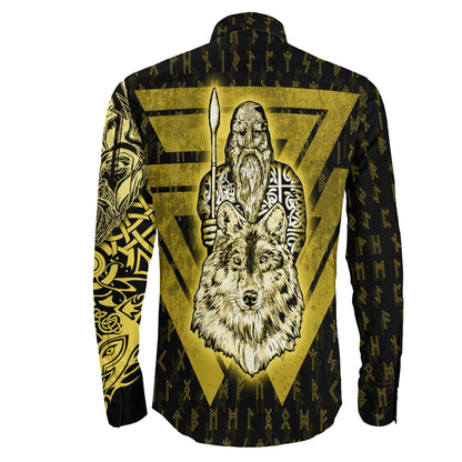 VikingStyle Clothing -Odin and Wolf Viking Gold Long Sleeve Button Shirt