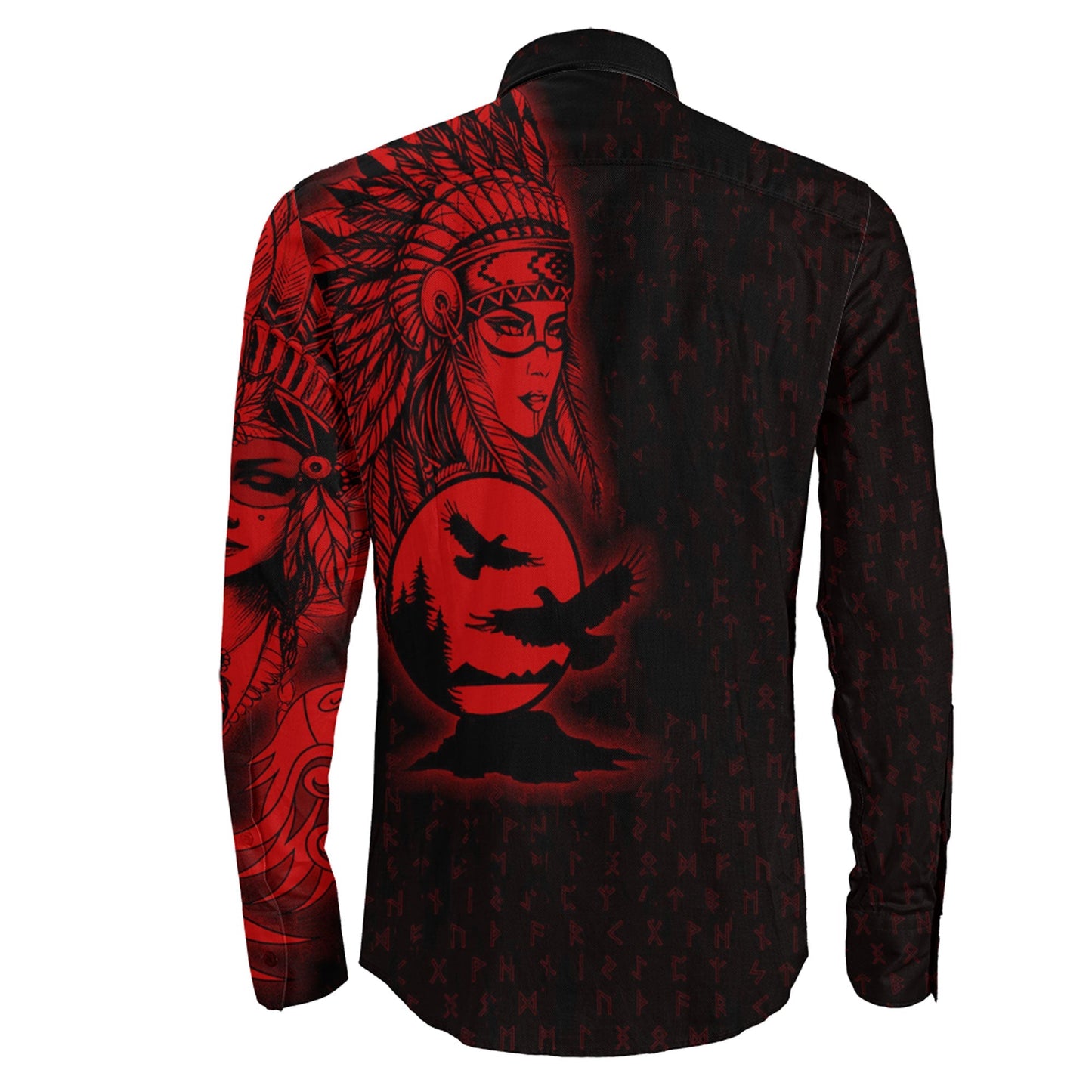Valkyries Moon Raven Wolf Red Long Sleeve Button Shirt