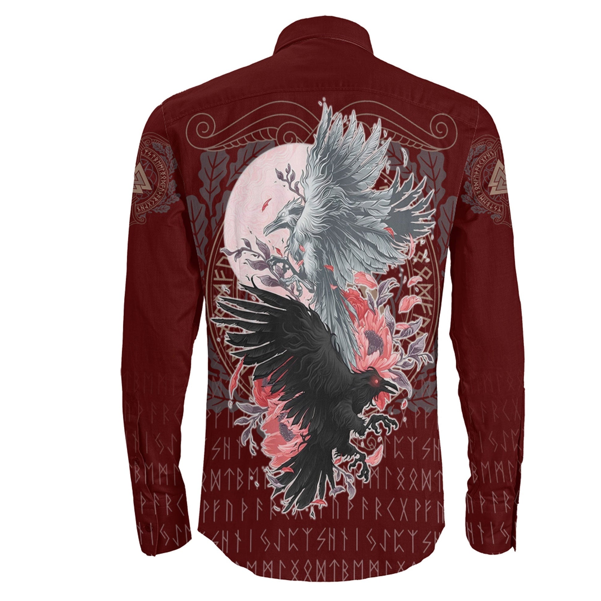 Raven Black and White Red Yggdrasil Long Sleeve Button Shirt