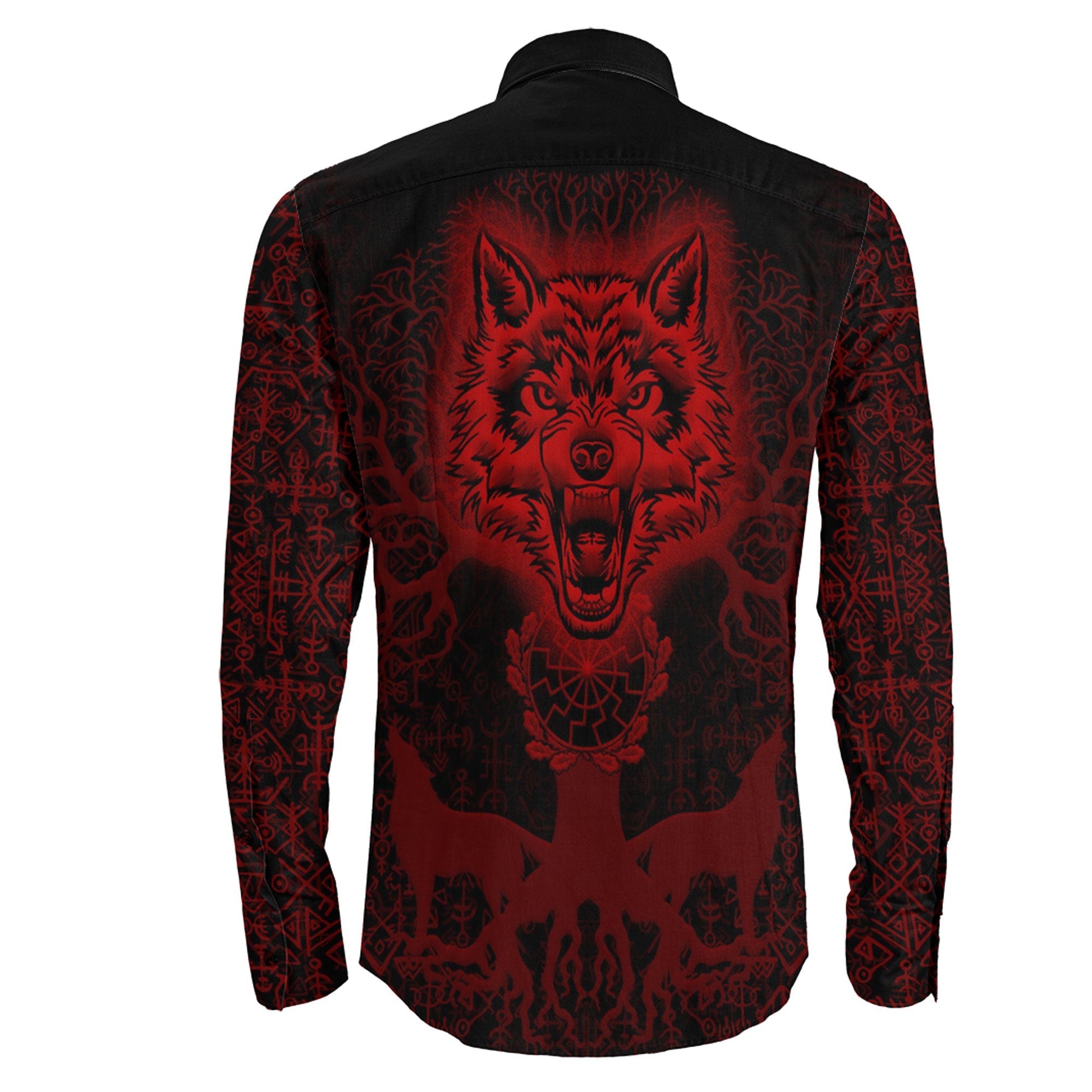 Tree And Wolf Red viking Long Sleeve Button Shirt
