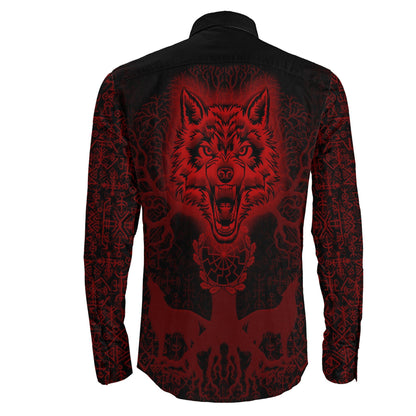 Tree And Wolf Red viking Long Sleeve Button Shirt