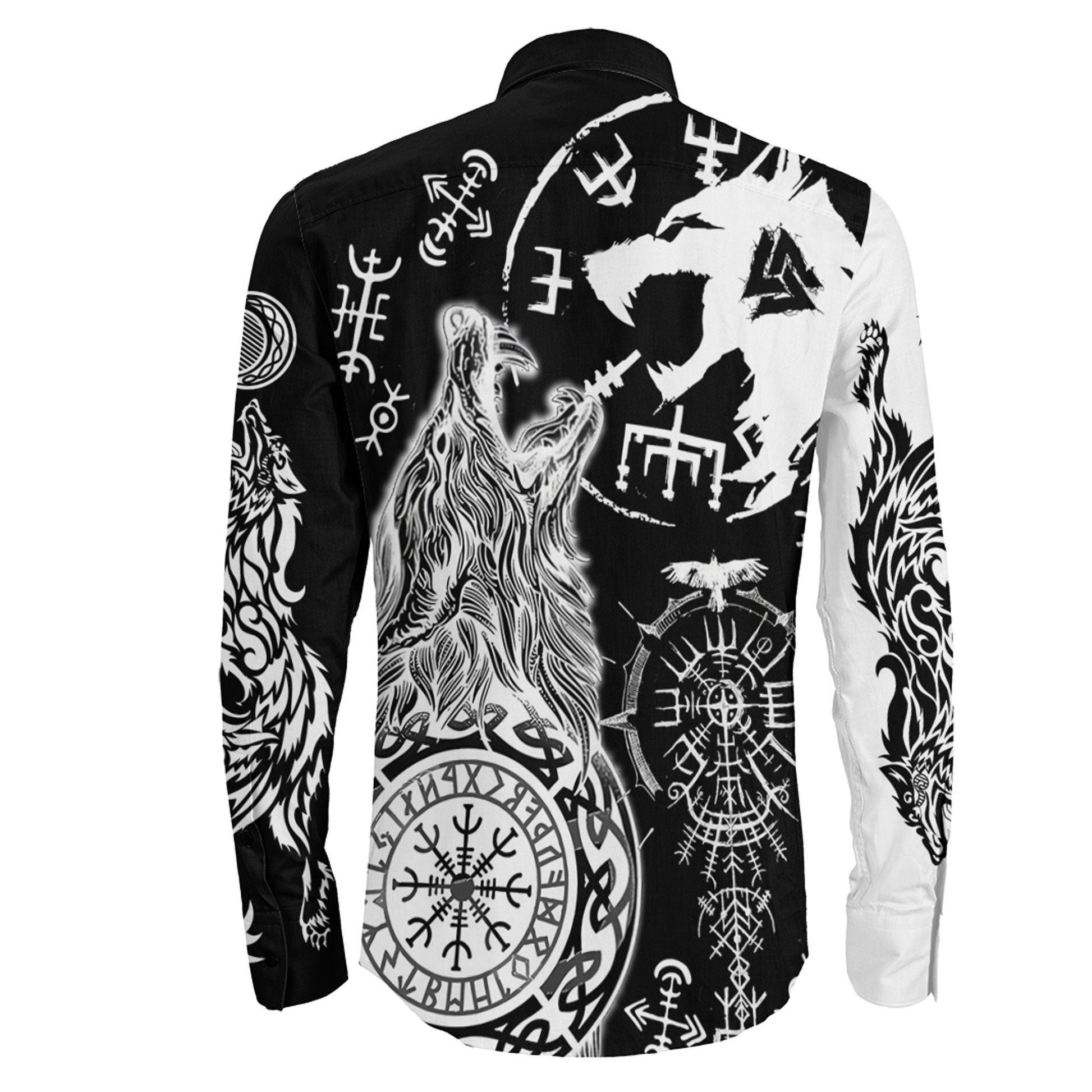 Viking Wolf Fenrir Skoll and Hati Black Long Sleeve Button Shirt