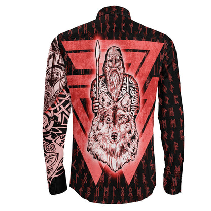 VikingStyle Clothing -Odin and Wolf Viking Red Long Sleeve Button Shirt
