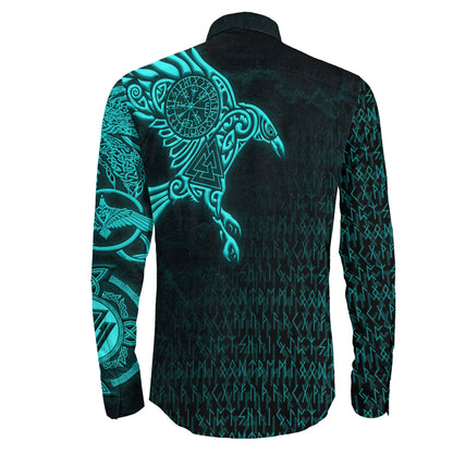 Raven Symbol Turquoise Viking Long Sleeve Button Shirt