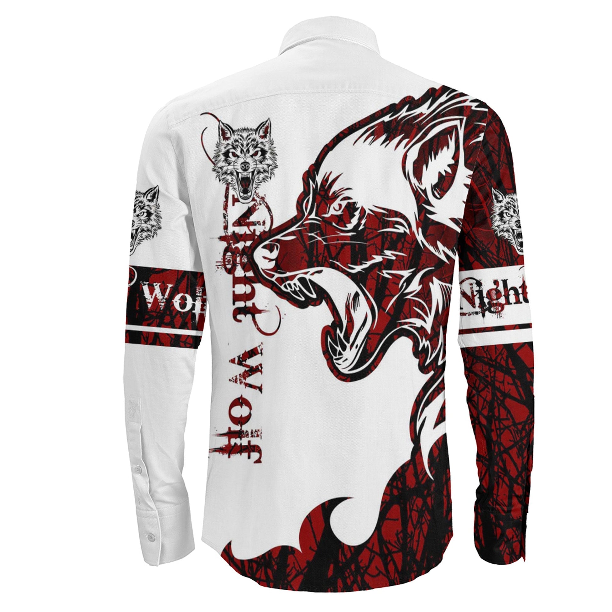 Night Wolf Red Brush Pattern Long Sleeve Button Shirt