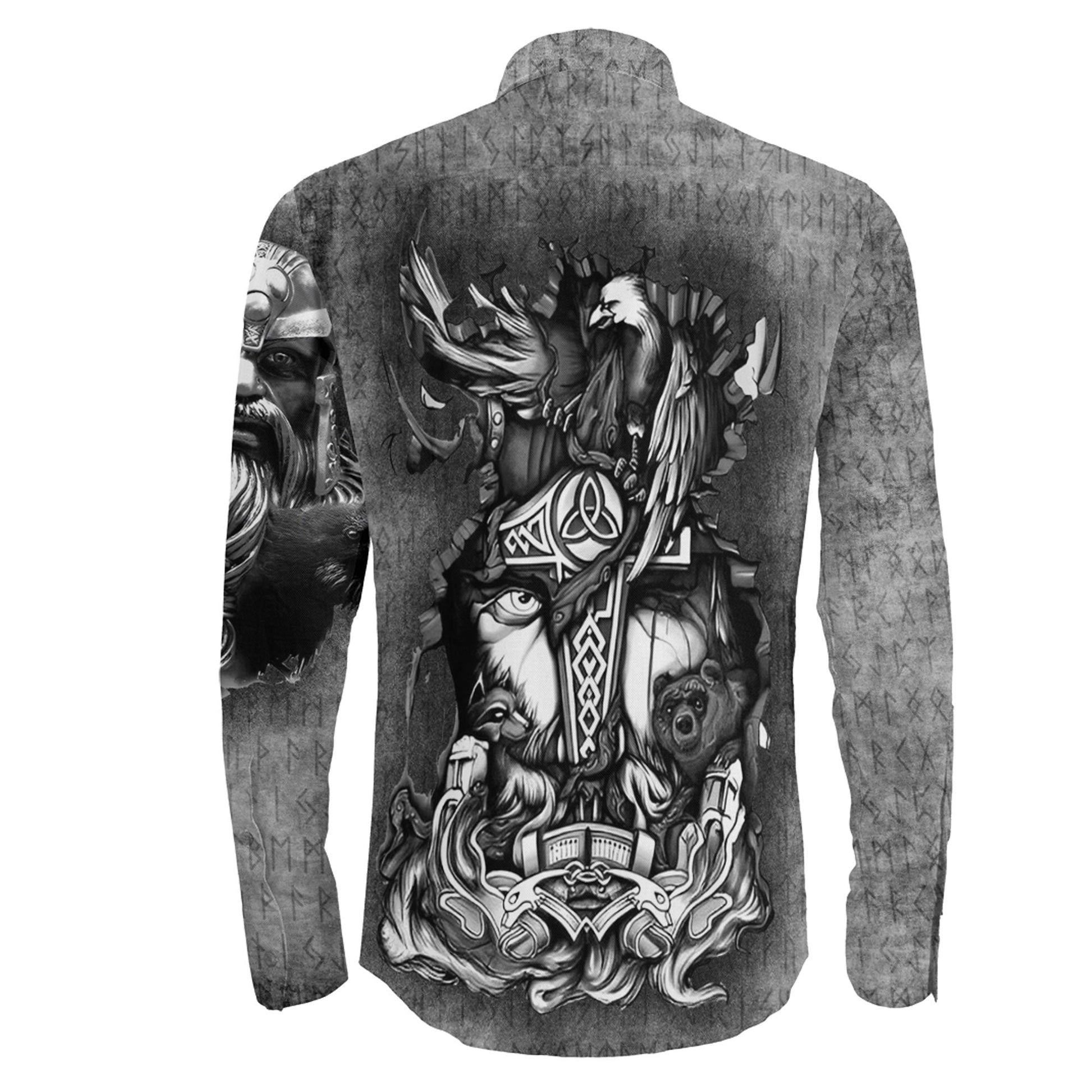 Viking Odin Bear Raven Wolf Long Sleeve Button Shirt