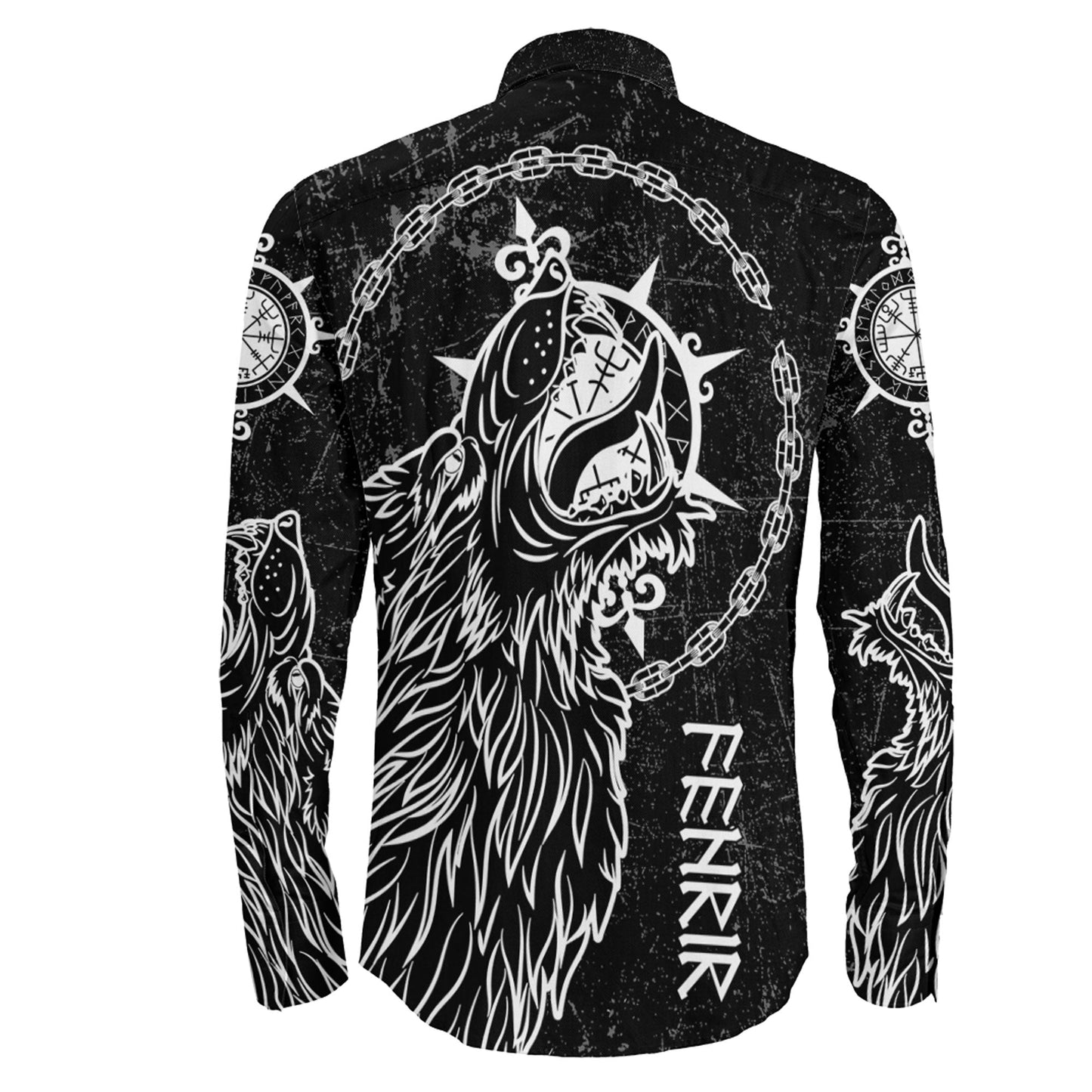 Fenrir Wolf Mythology On White Long Sleeve Button Shirt