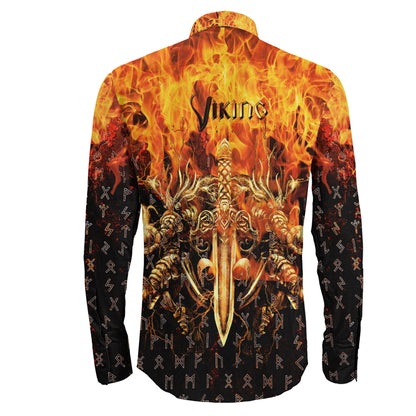 VikingStyle Clothing -Viking Valkyrie Warrirors Valknut Fire Long Sleeve Button Shirt