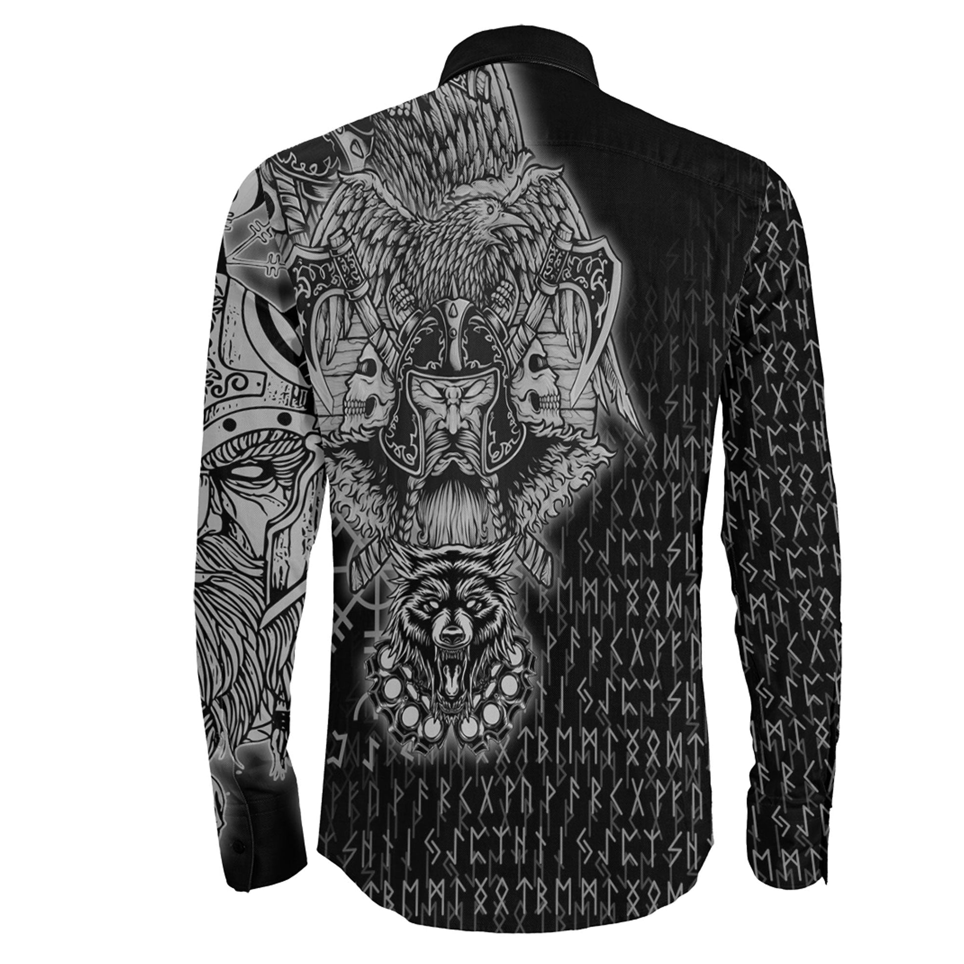 Odin And Raven Wolf Viking Long Sleeve Button Shirt