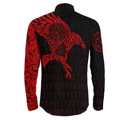 VikingStyle Clothing -Long Sleeve Button Shirt - The Raven Of Odin Tattoo Red Version 