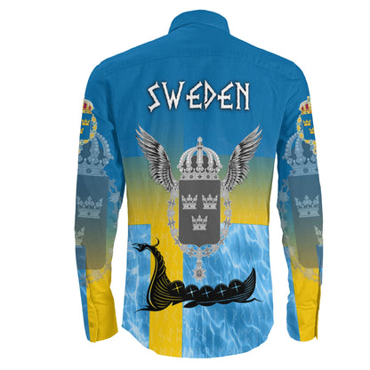 Sweden Raven Drakkar and Skull Long Sleeve Button Shirt