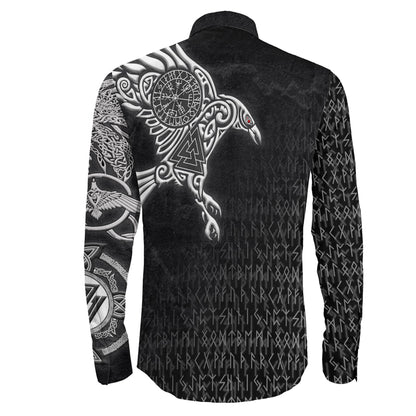 Raven Symbol Silver Viking Long Sleeve Button Shirt