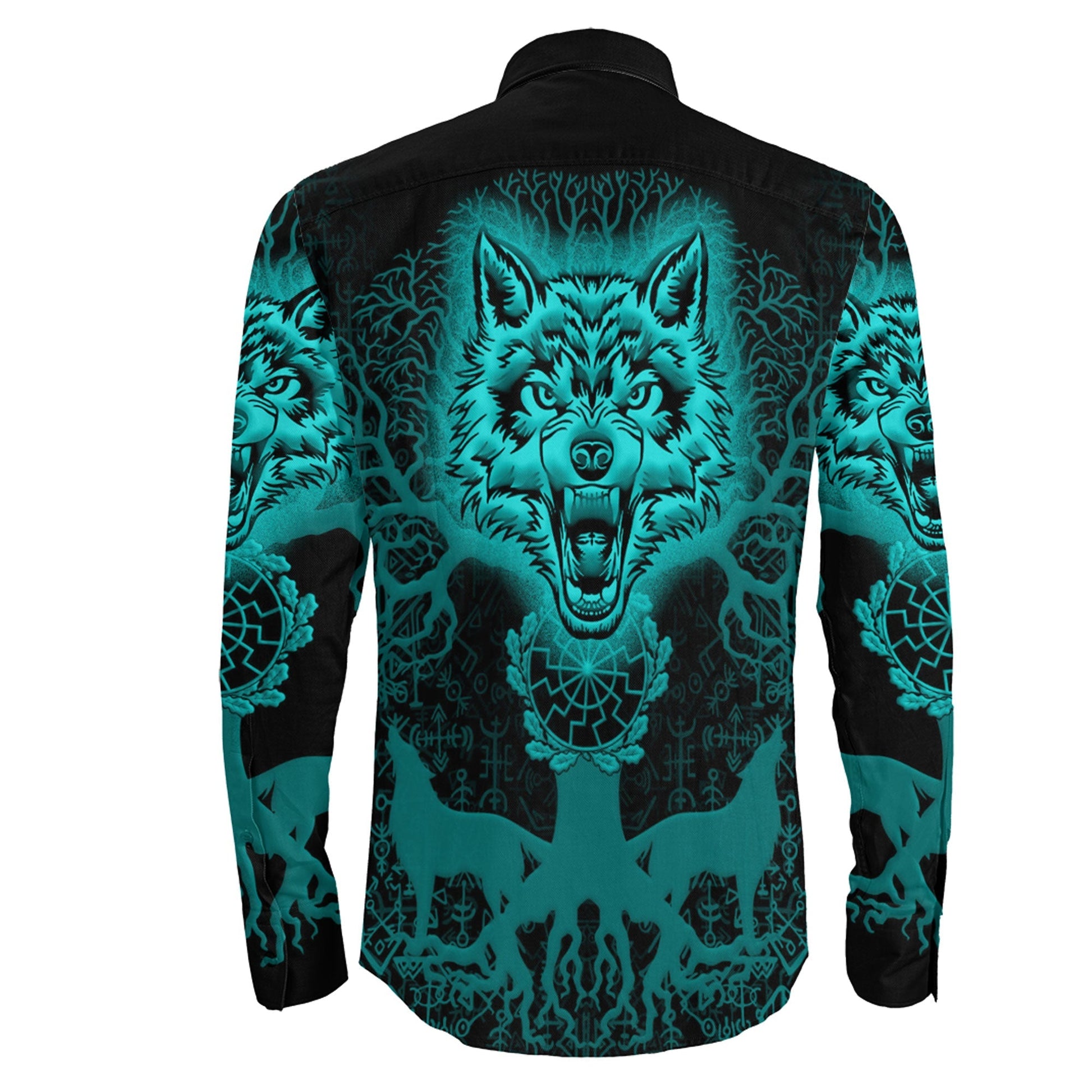 Wolf And Tree Turquoise viking Long Sleeve Button Shirt