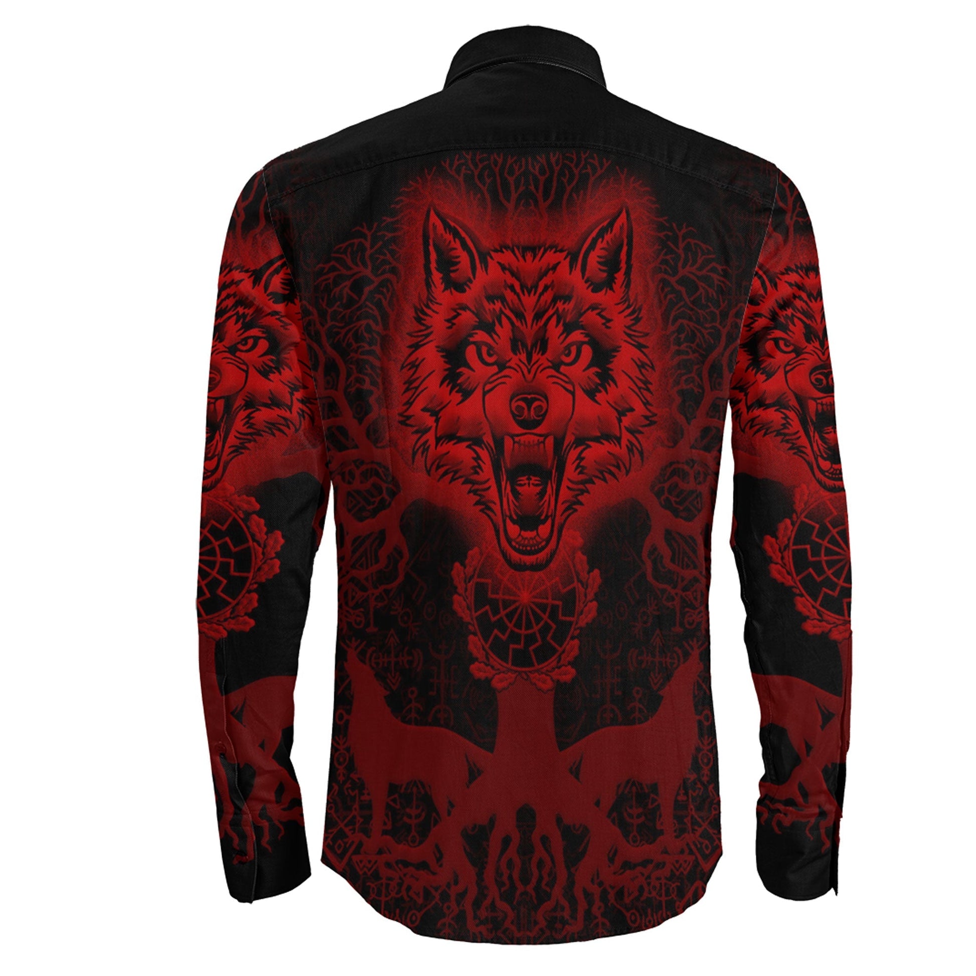 Wolf And Tree Red viking Long Sleeve Button Shirt