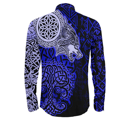 VikingStyle Clothing -Viking Wolf Blue Long Sleeve Button Shirt