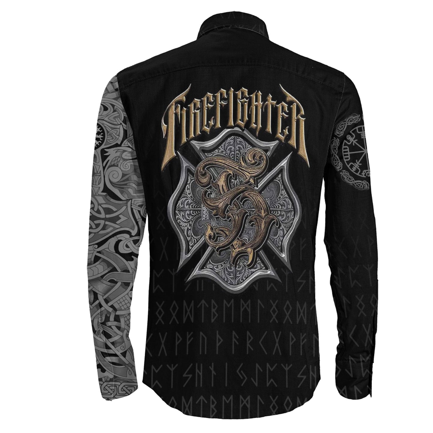 Long Sleeve Button Shirt - The Raven Of Odin Tattoo Firefighter 