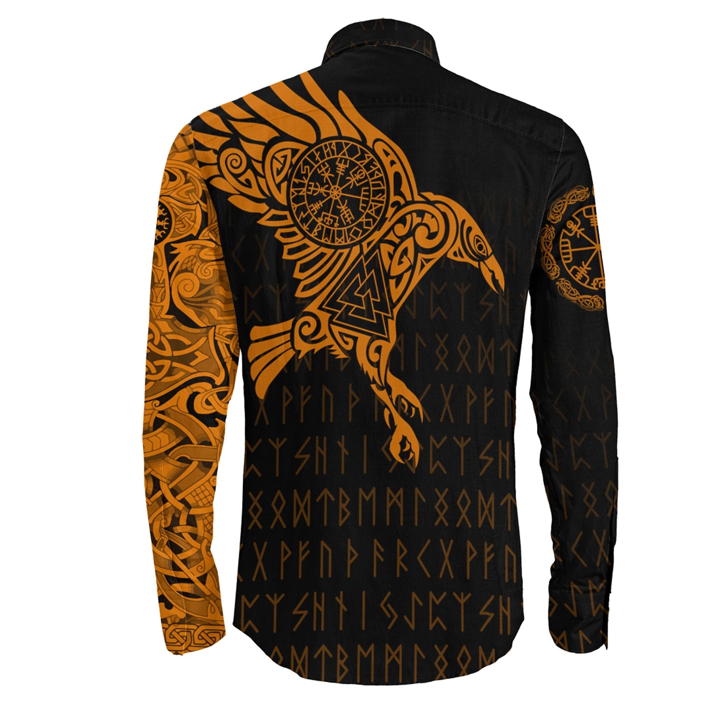 Long Sleeve Button Shirt - The Raven Of Odin Tattoo Orange Version 
