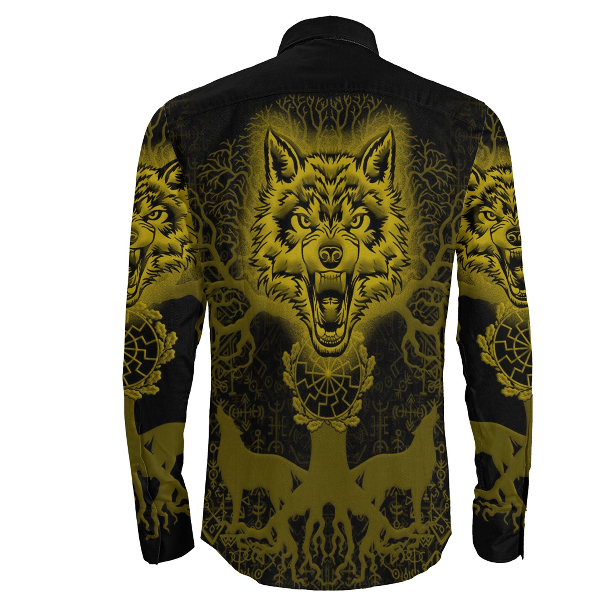 Wolf And Tree Gold viking Long Sleeve Button Shirt