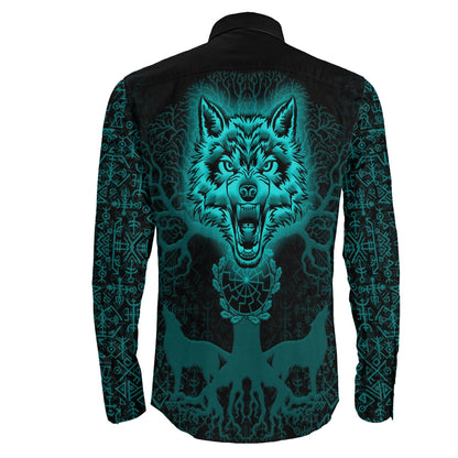 Tree And Wolf Turquoise viking Long Sleeve Button Shirt