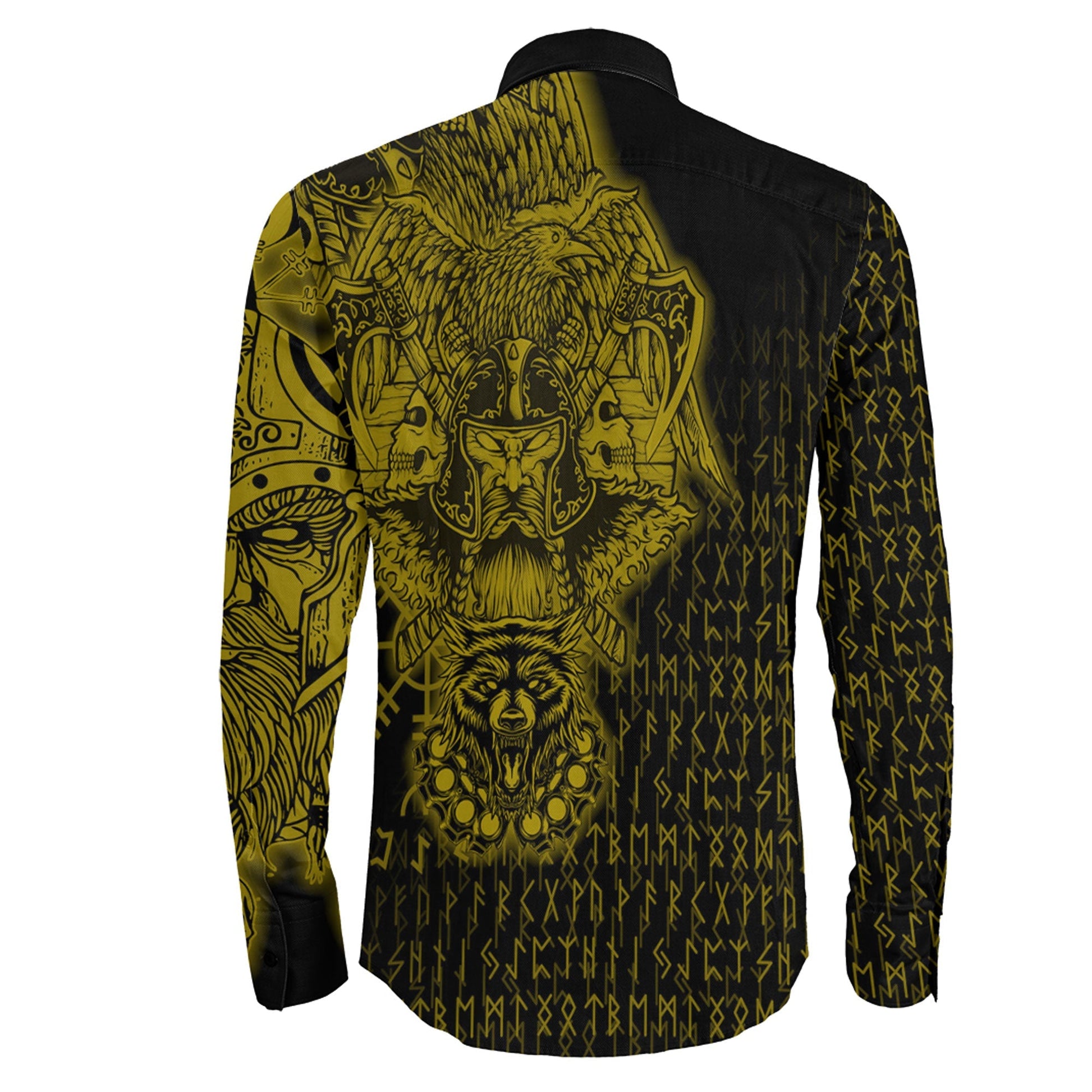 Odin And Raven Wolf Gold Viking Long Sleeve Button Shirt