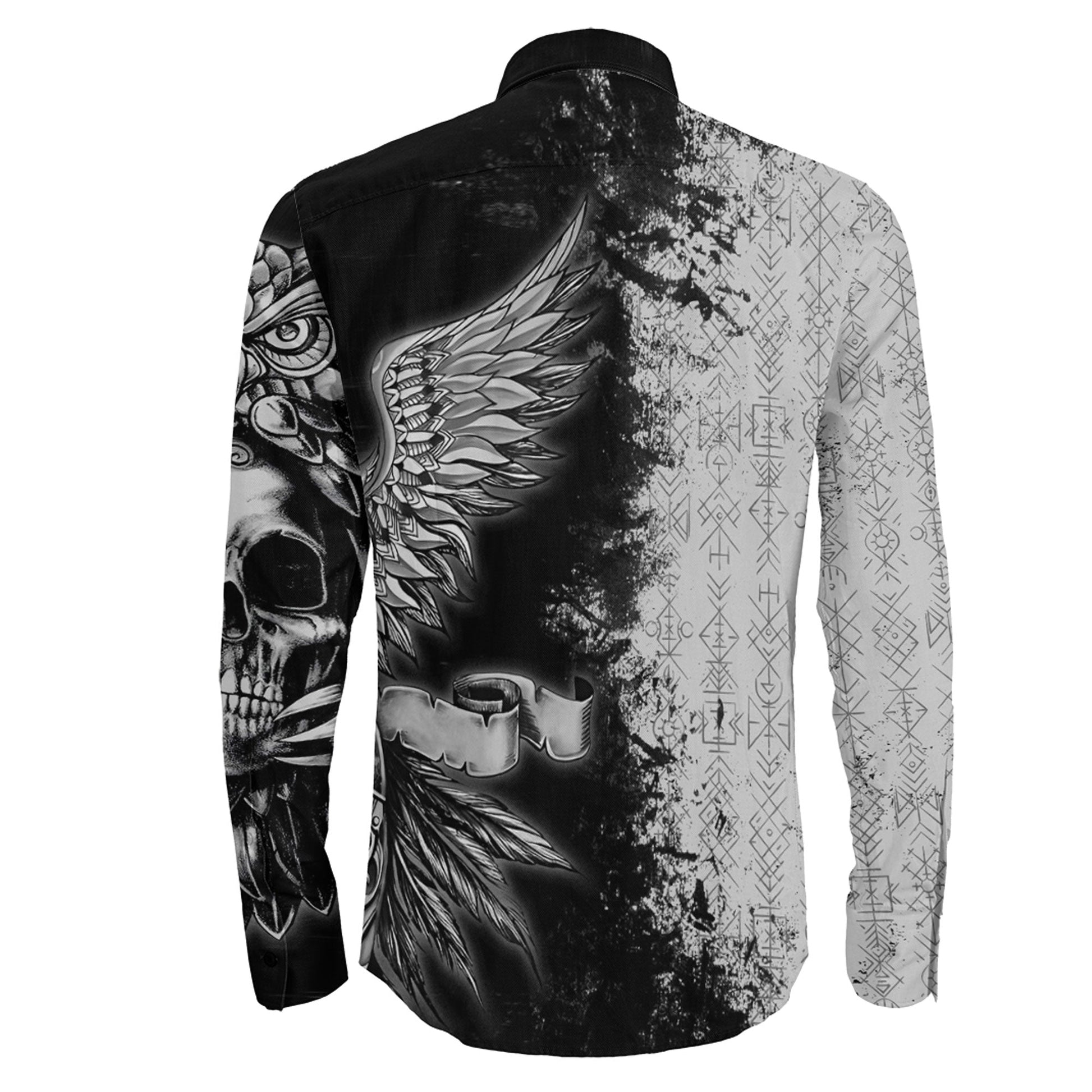 Owl Skull Viking Symbol Long Sleeve Button Shirt