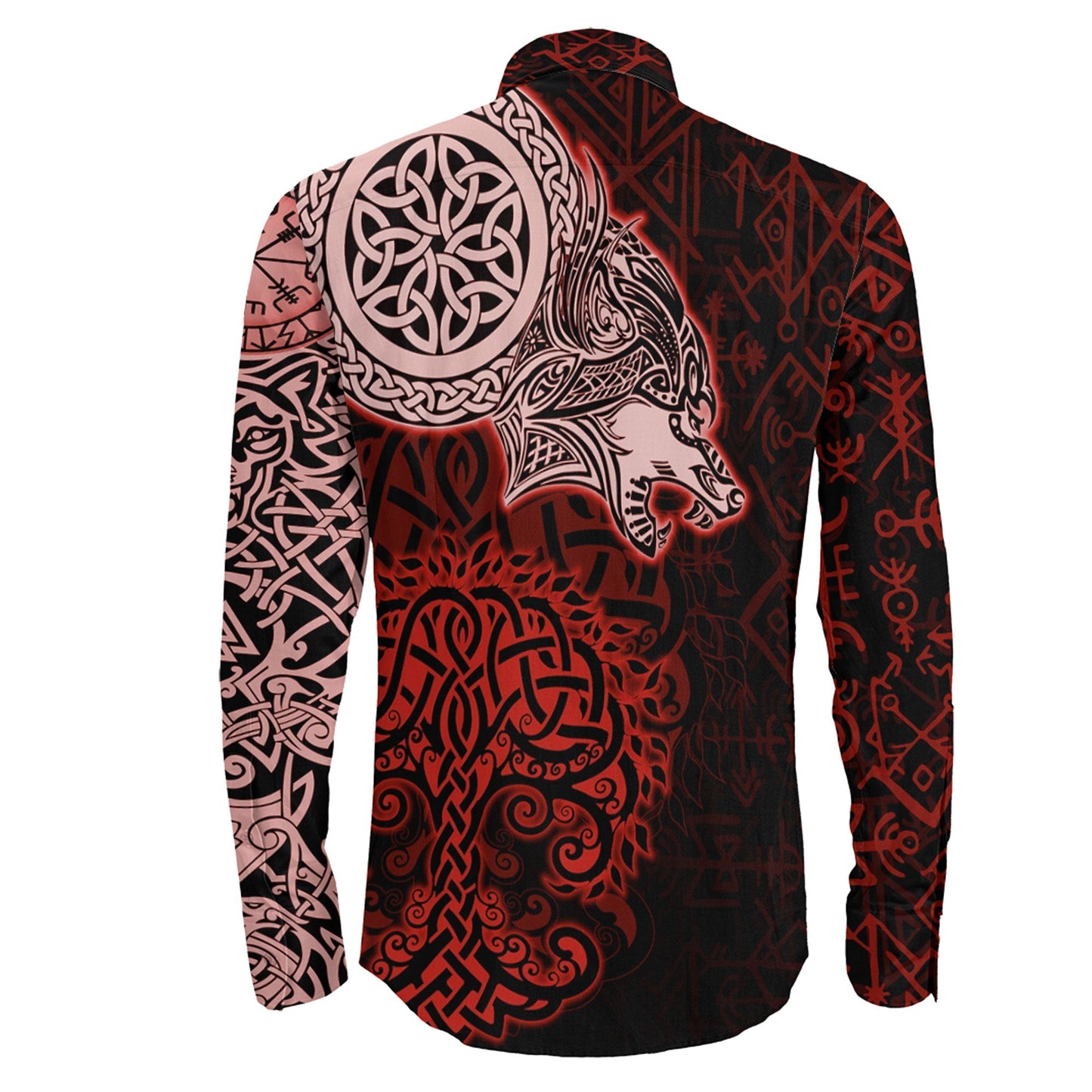 VikingStyle Clothing -Viking Wolf Red Long Sleeve Button Shirt
