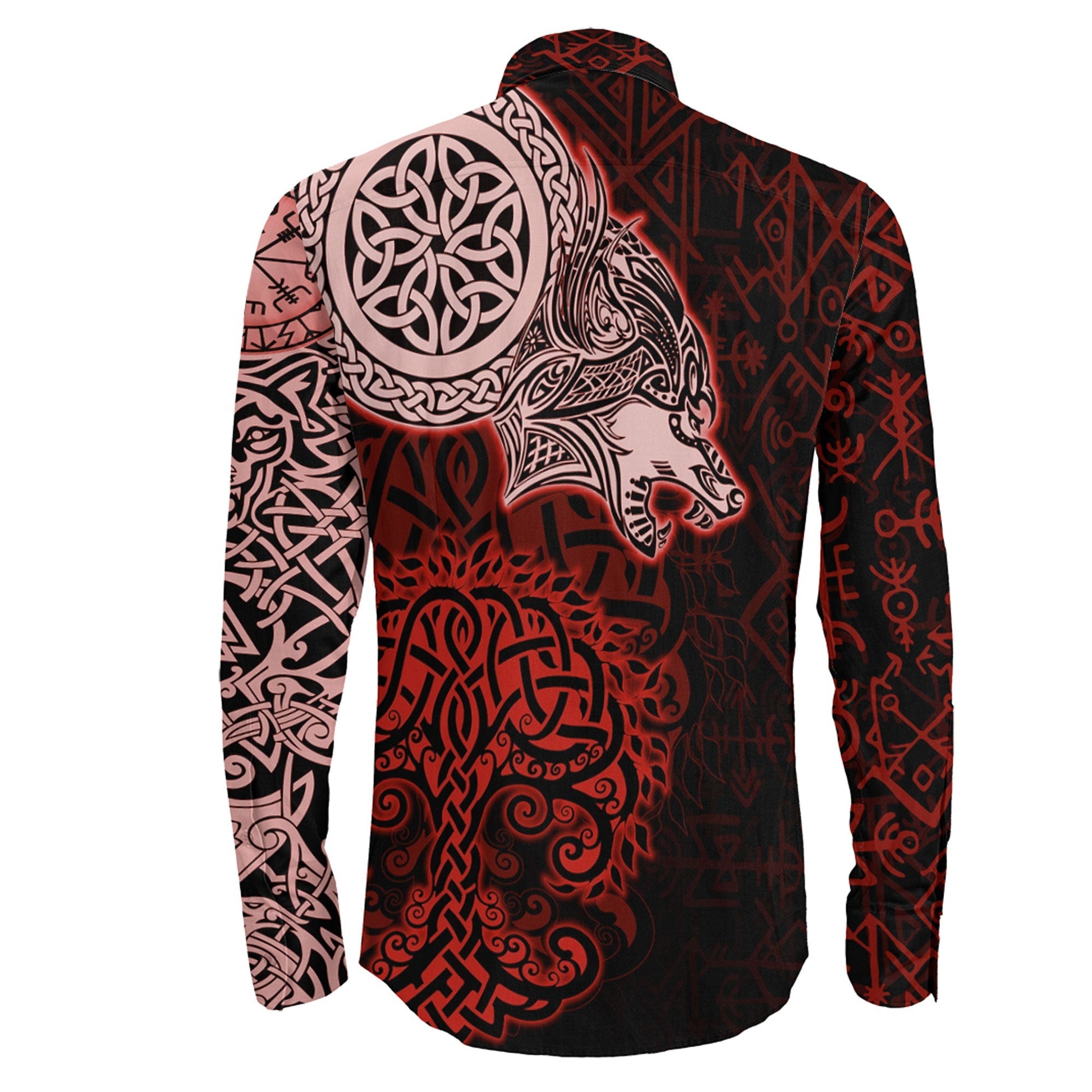 VikingStyle Clothing -Viking Wolf Red Long Sleeve Button Shirt