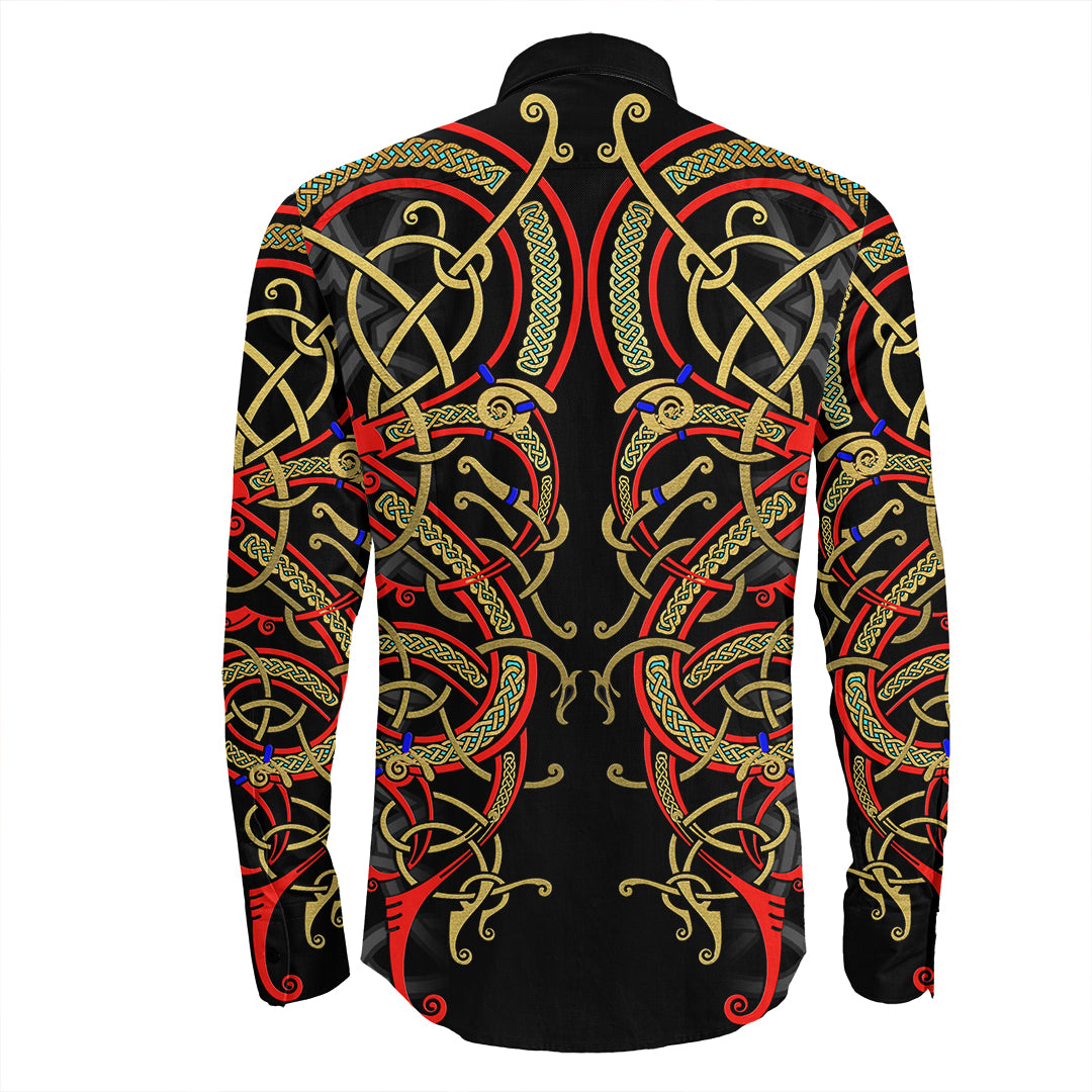 Valhalla Dragon Viking Celtic Pattern Long Sleeve Button Shirt