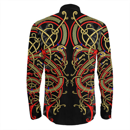 Valhalla Dragon Viking Celtic Pattern Long Sleeve Button Shirt