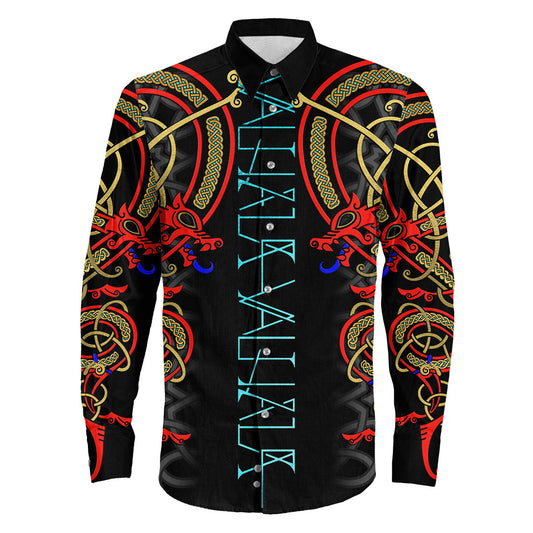 Valhalla Dragon Viking Celtic Pattern Long Sleeve Button Shirt