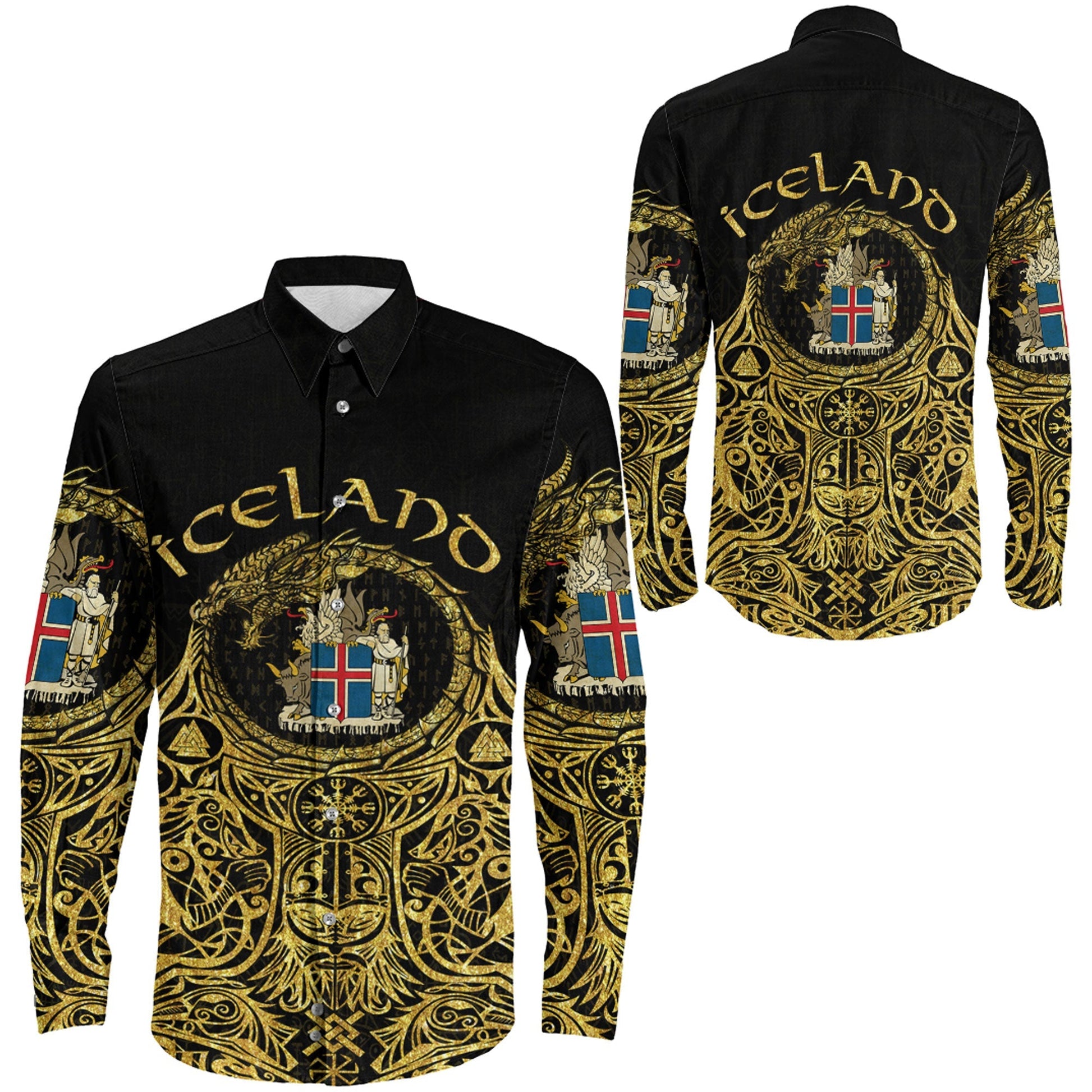 Iceland Odin Symbol Tattoo Gold Long Sleeve Button Shirt