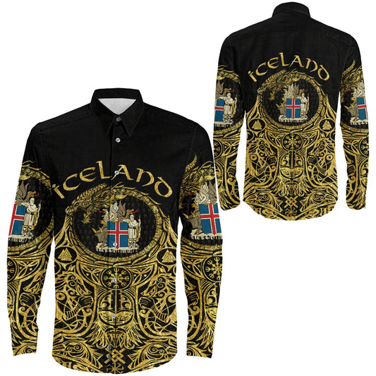 Iceland Odin Symbol Tattoo Gold Long Sleeve Button Shirt