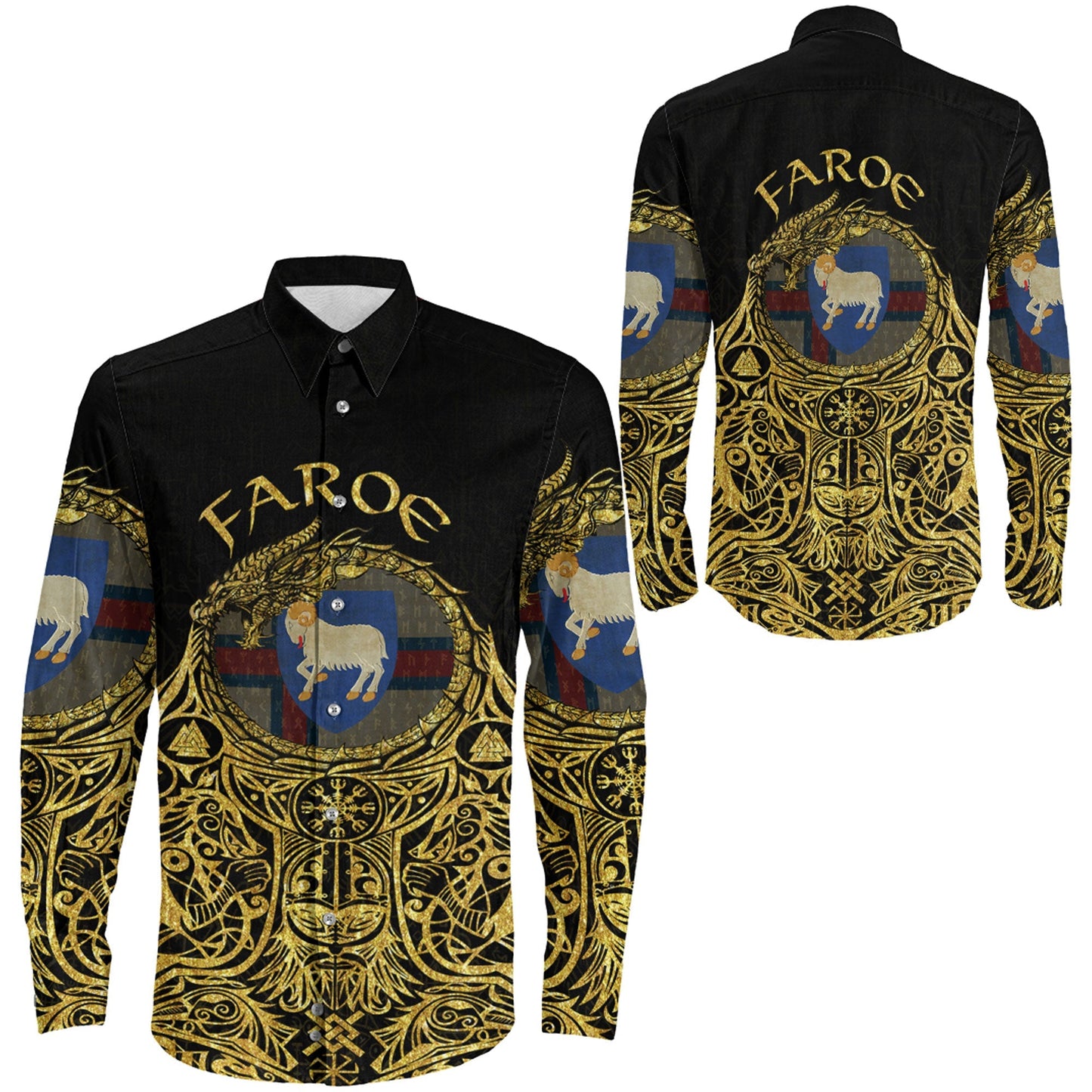 Faroe Odin Symbol Tattoo Gold Long Sleeve Button Shirt