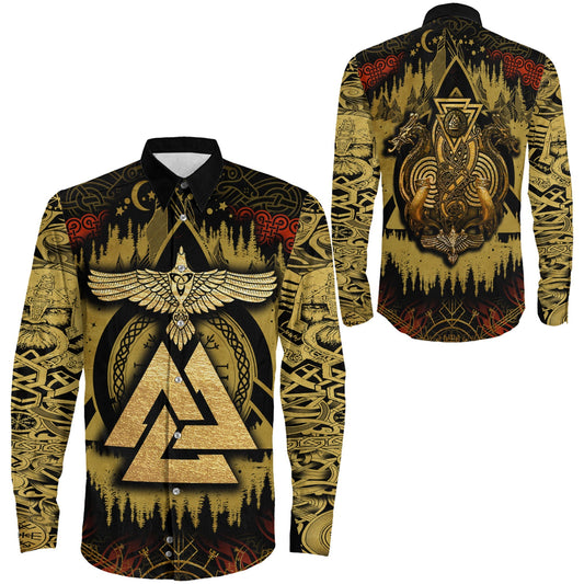 Raven and Valknut Celtic Knot Gold Style Long Sleeve Button Shirt
