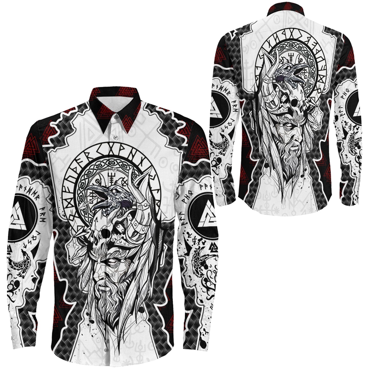 Odin and Valknut Brush Style Long Sleeve Button Shirt