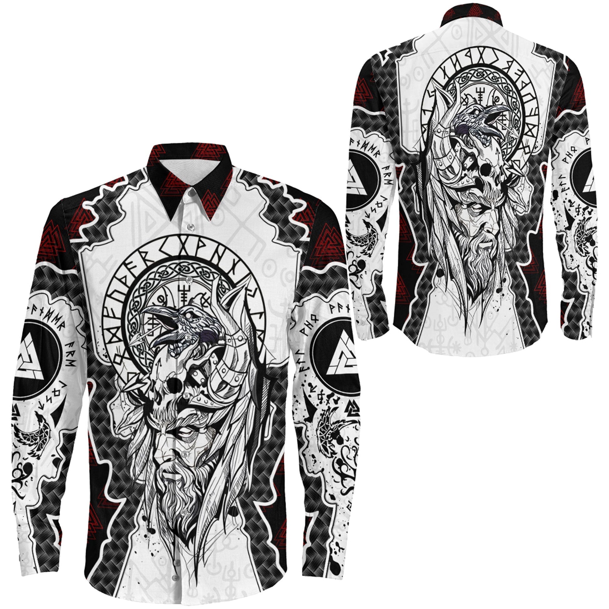 Odin and Valknut Brush Style Long Sleeve Button Shirt