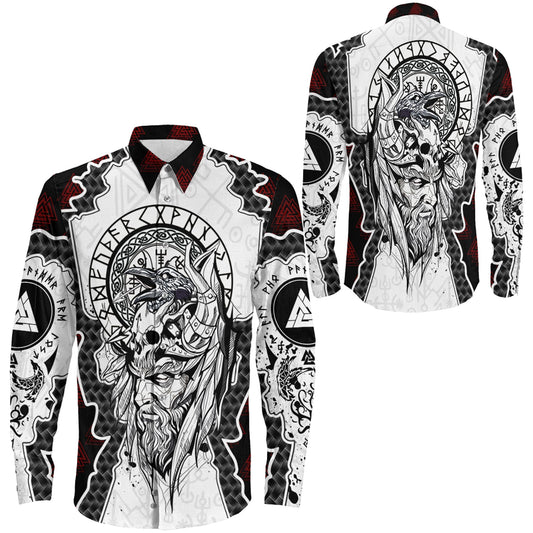 Odin and Valknut Brush Style Long Sleeve Button Shirt