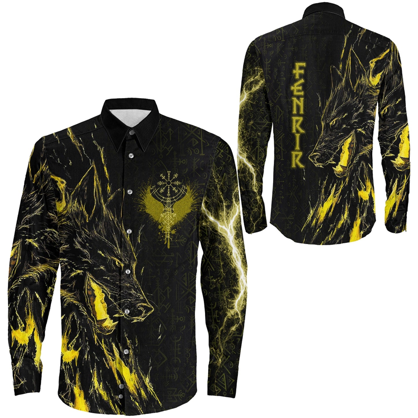 Fenrir and Vegvisir Rune Gold Long Sleeve Button Shirt
