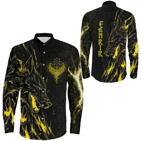 Fenrir and Vegvisir Rune Gold Long Sleeve Button Shirt