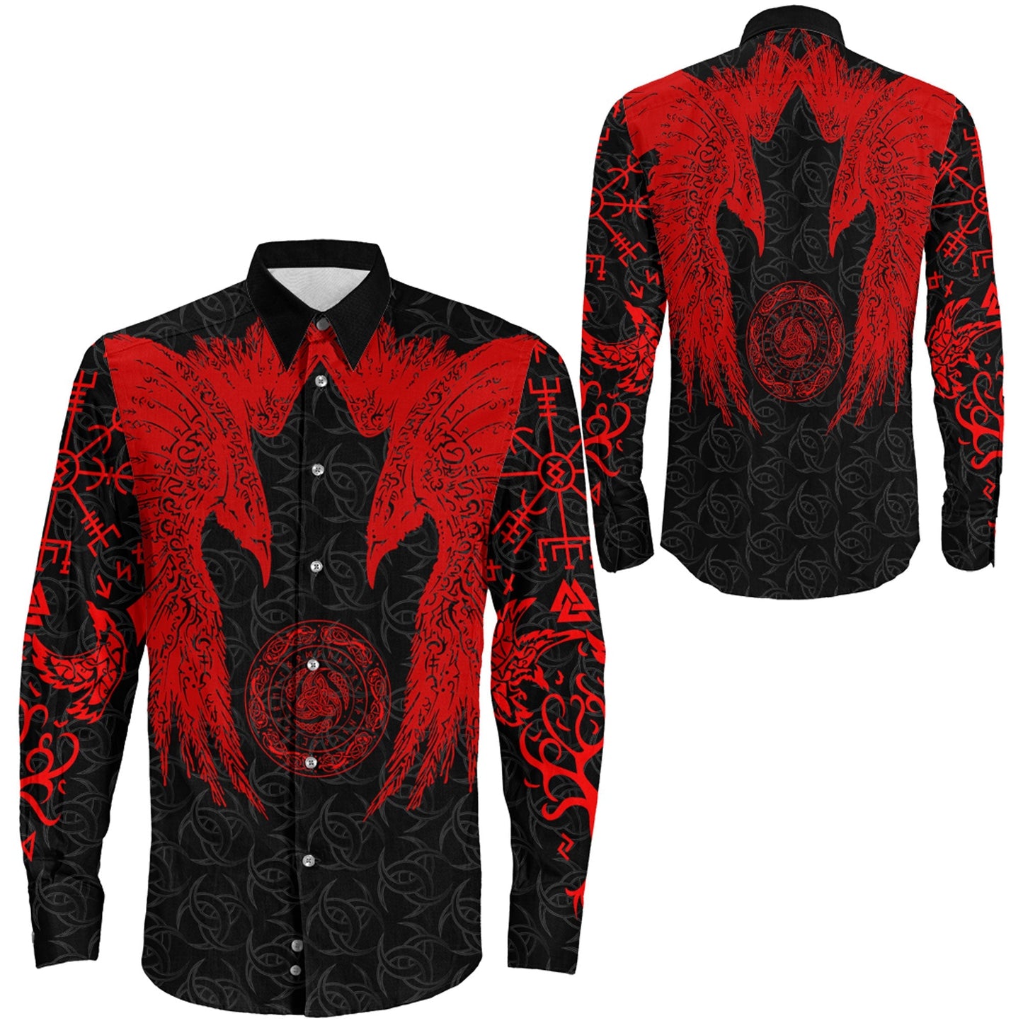 Red Raven and Horn of Odin Long Sleeve Button Shirt