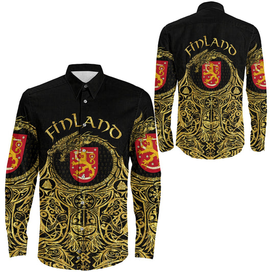 Finland Odin Symbol Tattoo Gold Long Sleeve Button Shirt
