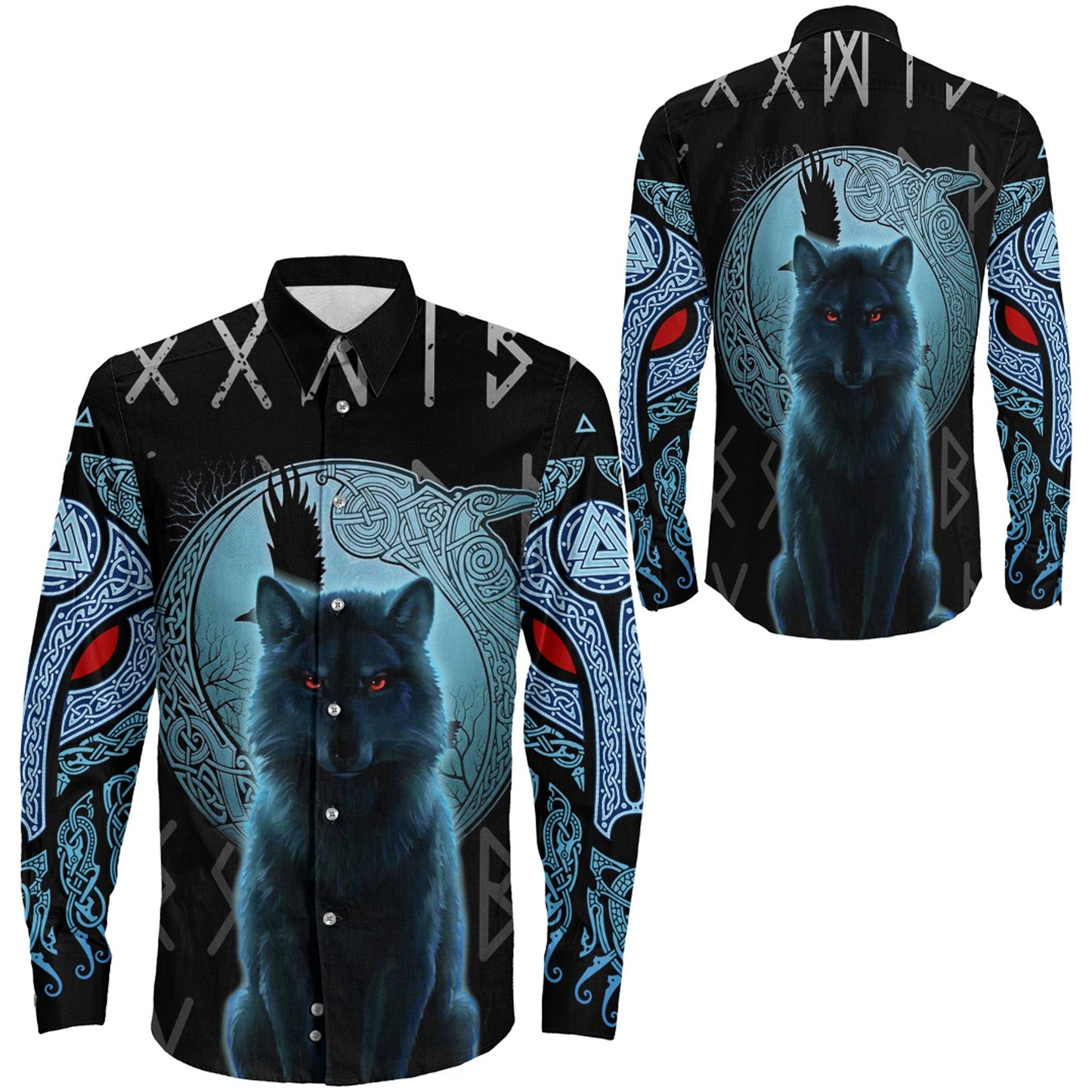 Fenrir Wolf And Moon Long Sleeve Button Shirt