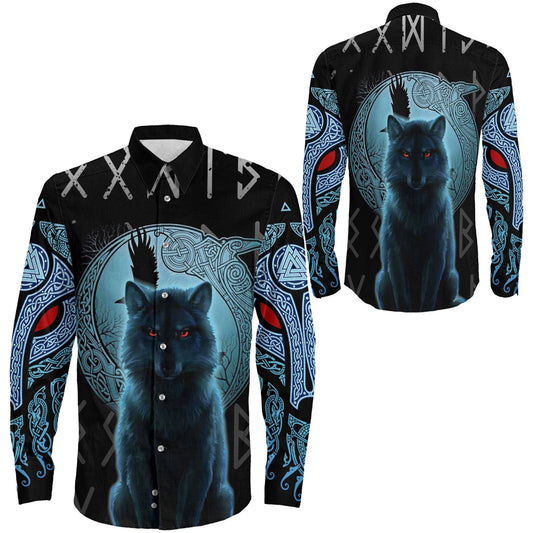 Fenrir Wolf And Moon Long Sleeve Button Shirt