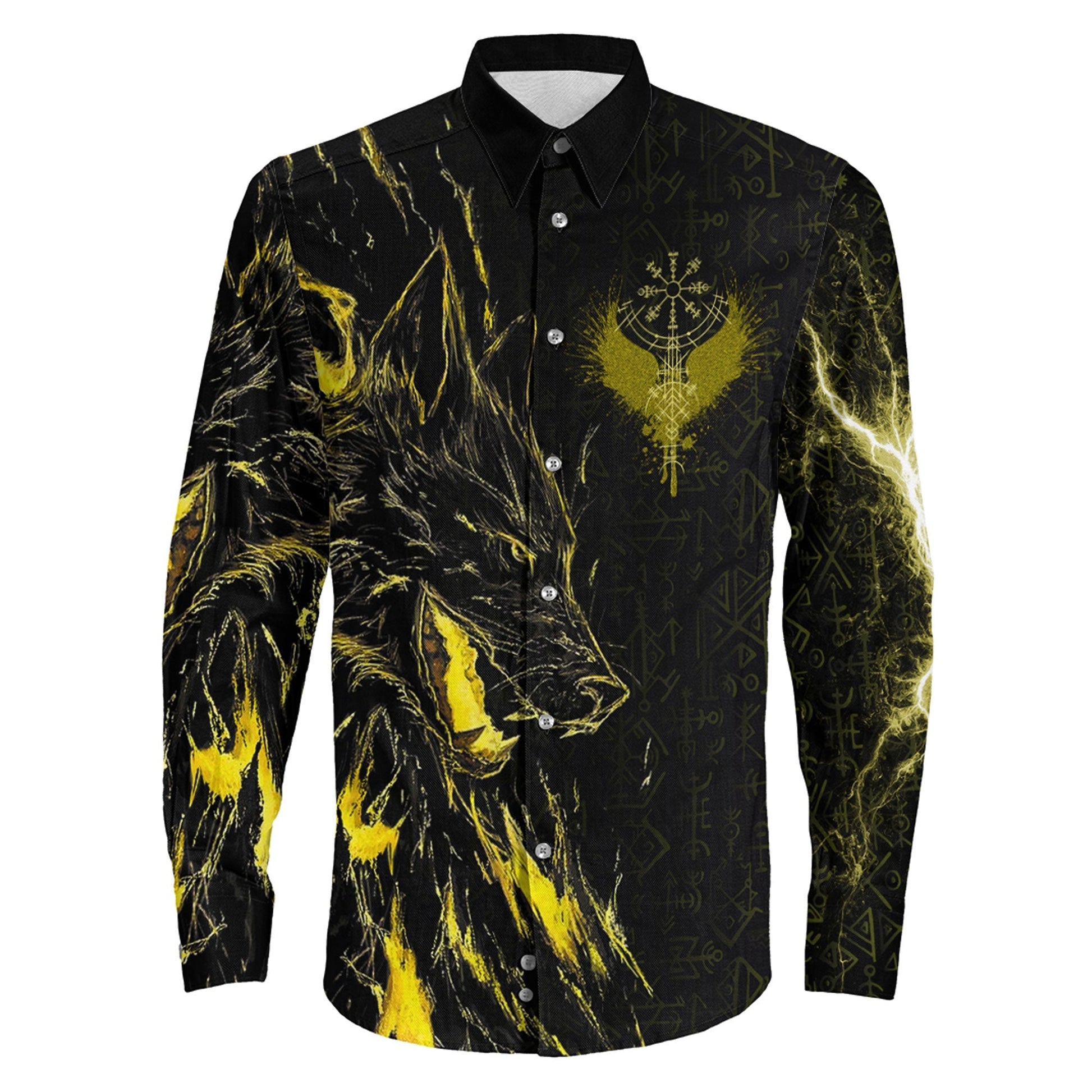 Fenrir and Vegvisir Rune Gold Long Sleeve Button Shirt