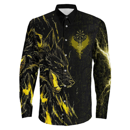 Fenrir and Vegvisir Rune Gold Long Sleeve Button Shirt