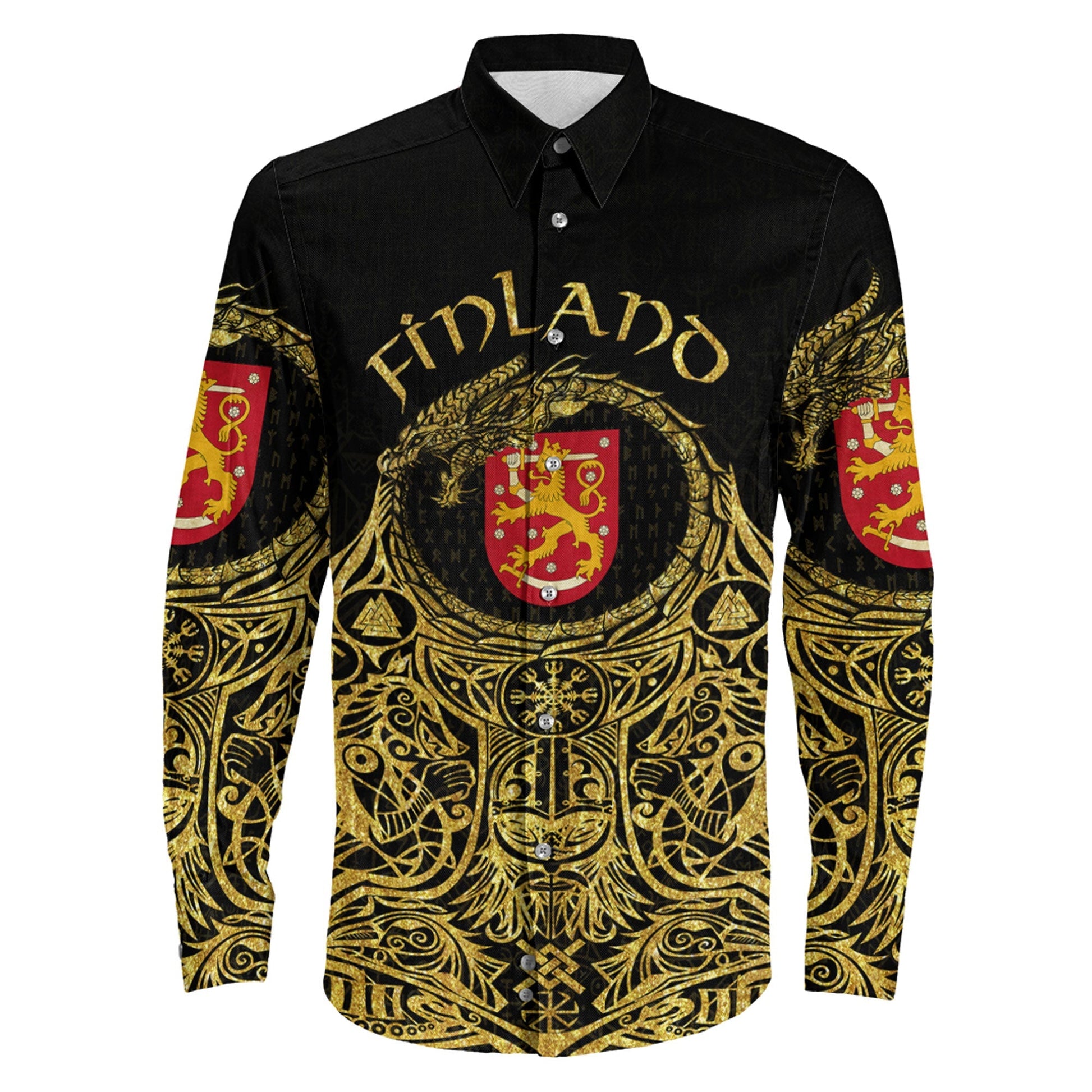 Finland Odin Symbol Tattoo Gold Long Sleeve Button Shirt