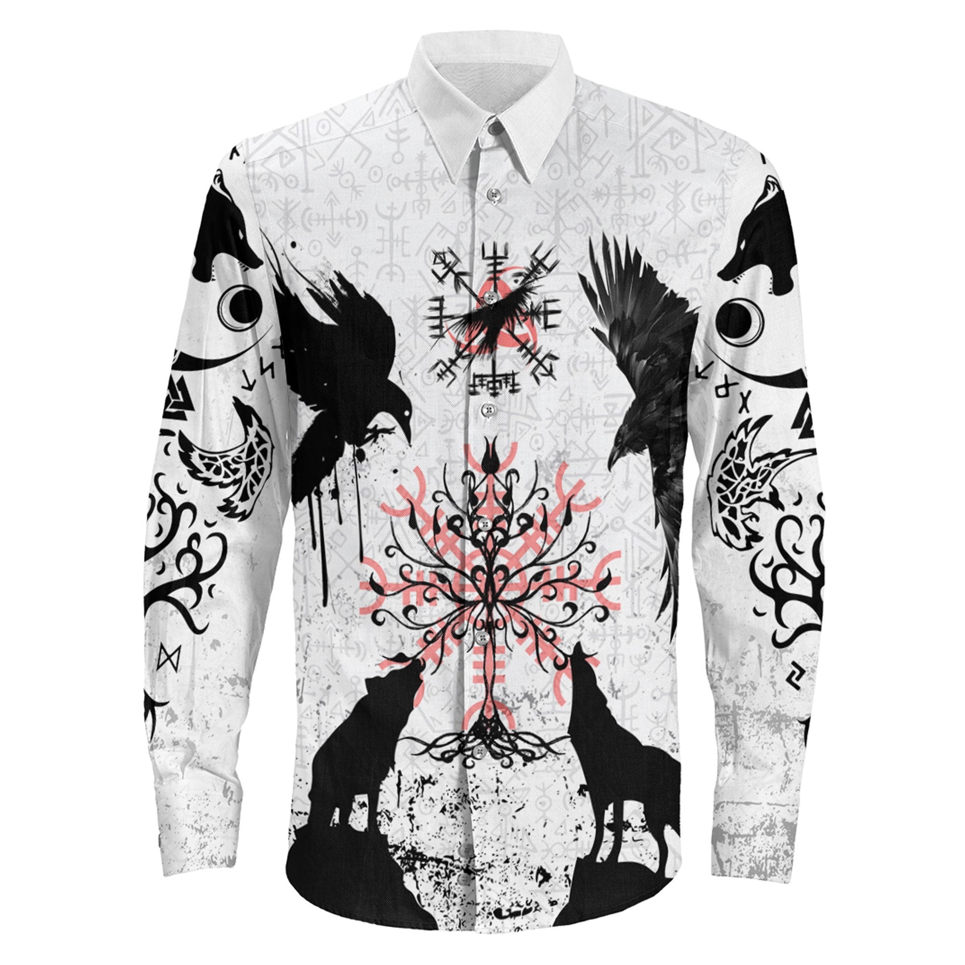 Raven Wolf and Symbol Long Sleeve Button Shirt