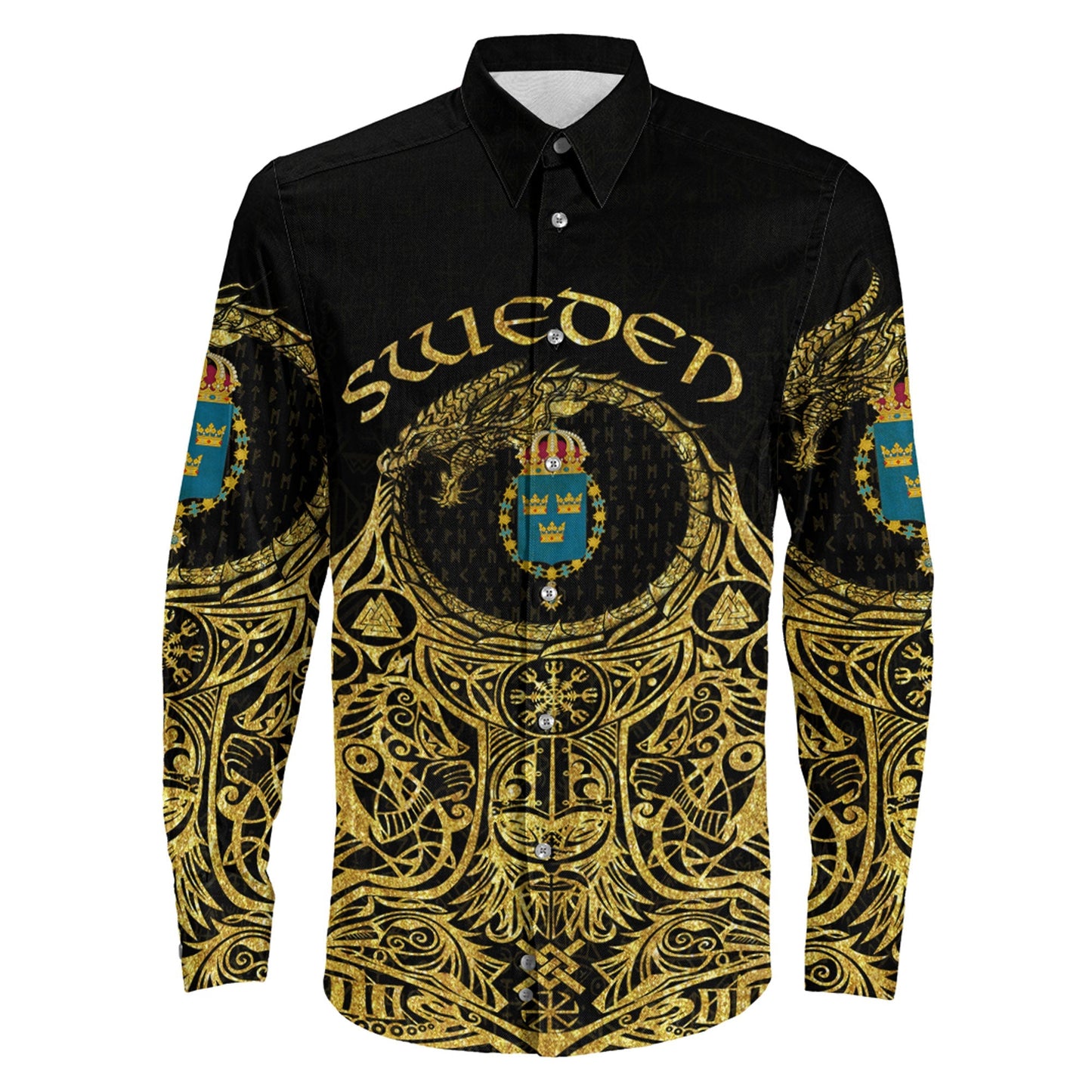 Sweden Odin Symbol Tattoo Gold Long Sleeve Button Shirt